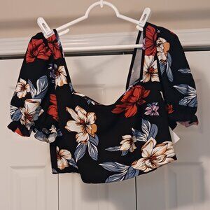 #55 3/$18 - NWT Shein Black/Orange Short Sleeve Crop Top Size 2XL
